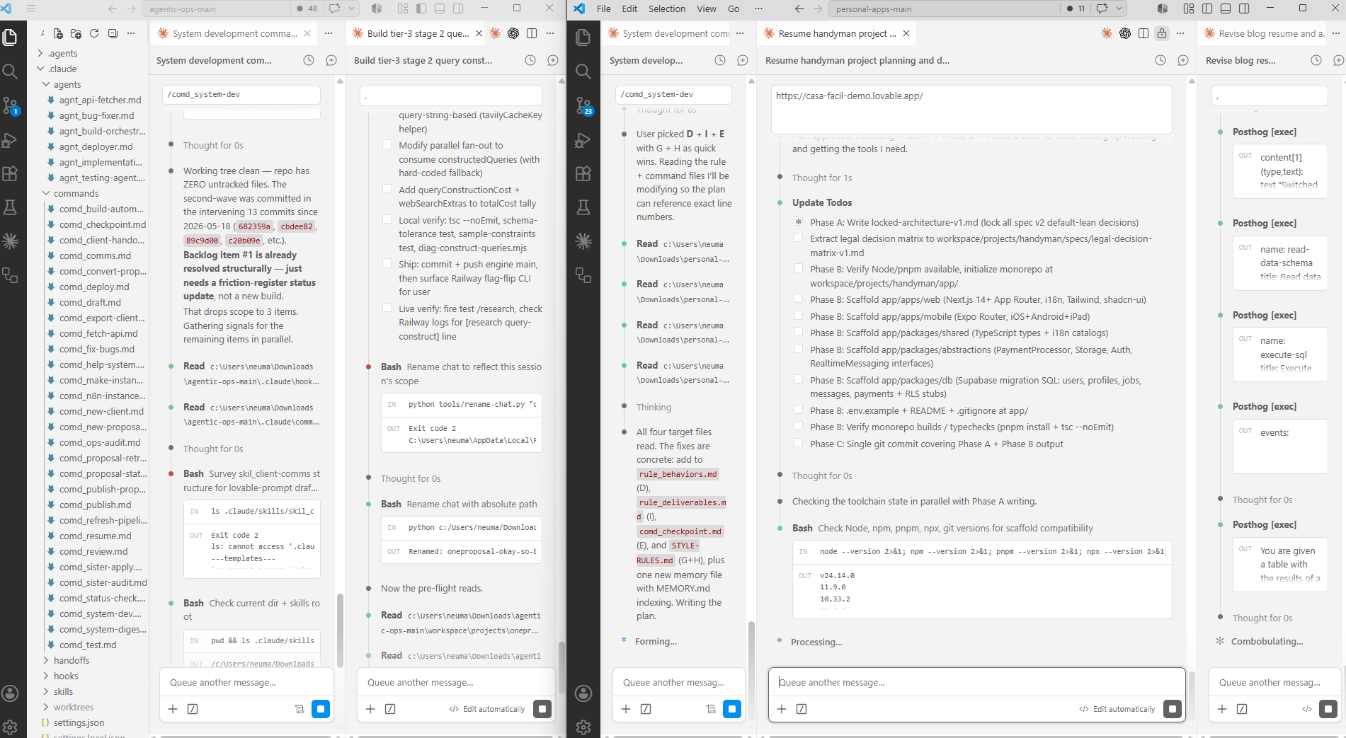 A VS Code window running several Claude Code agent panels side by side, the environment where most of the dictation happens